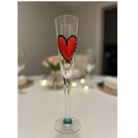 Kosta Boda Hand-Painted Red Heart Champagne Flute Love Ulrica Hydman-Vallien
